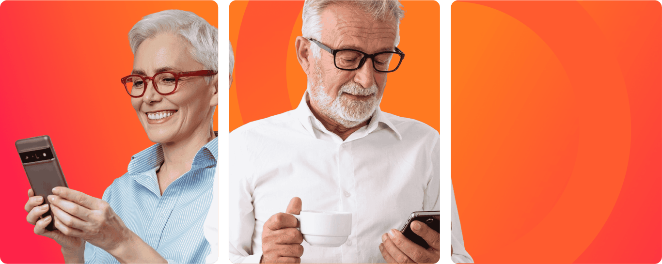 An elderly couple smiling while looking at their phones against an orange gradient background