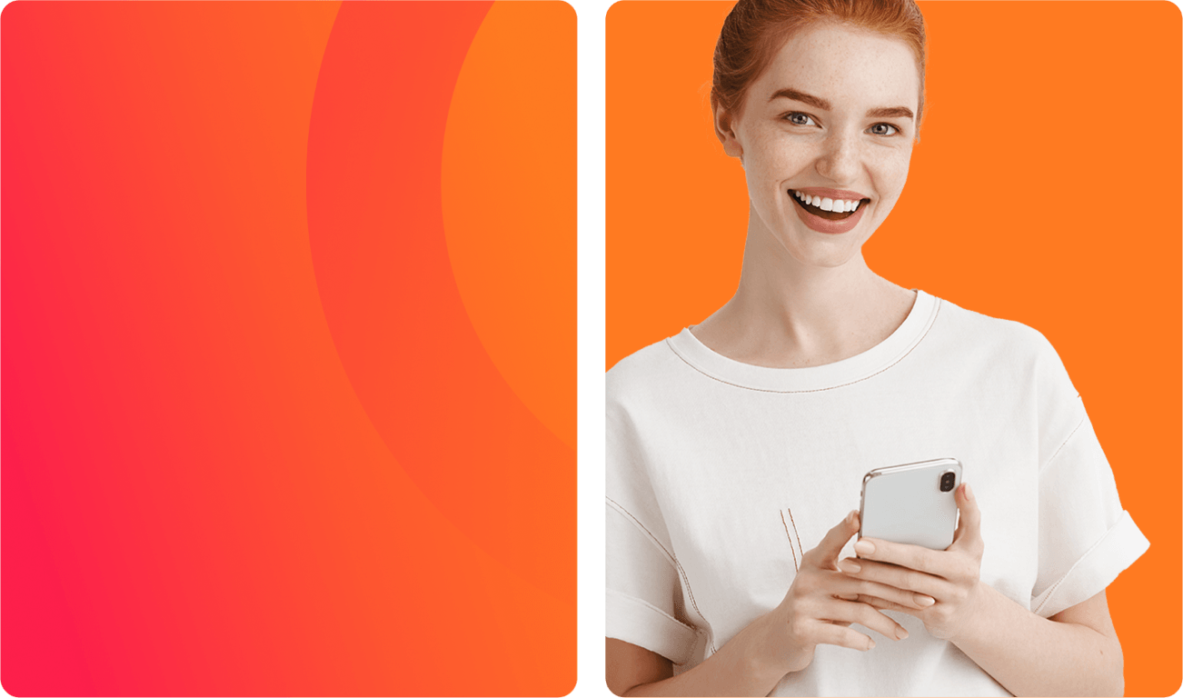 A young woman smiling while holding a phone against an orange gradient background