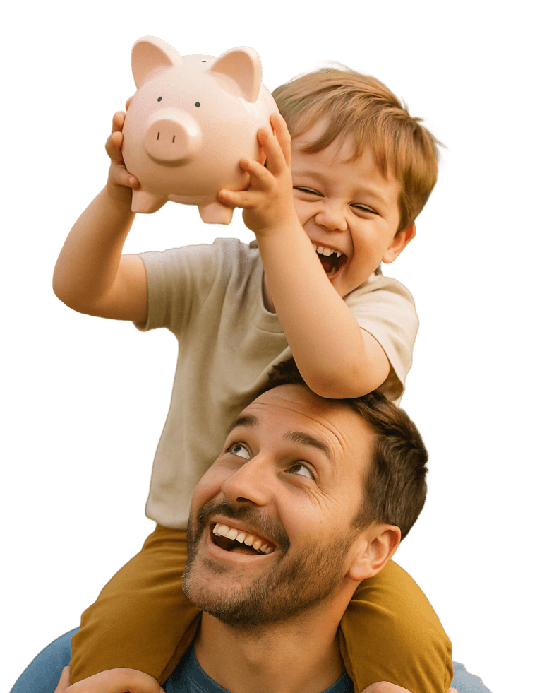 Father and a son carrying a piggy bank