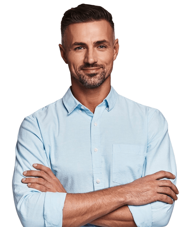 A middle-aged man in a light blue shirt with his arms cross-folded