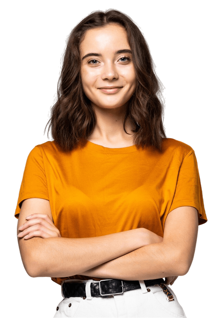 A young woman with her arms folded wearing an ochre t shirt